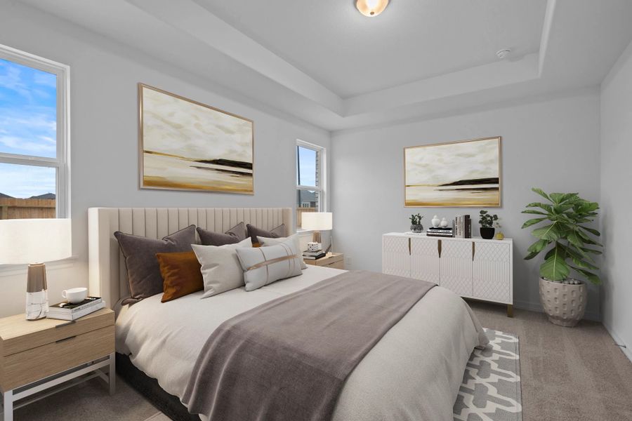 Primary bedroom. Sample product photo. Actual exterior and interior selections may vary by homesite. Photo may be virtually staged.