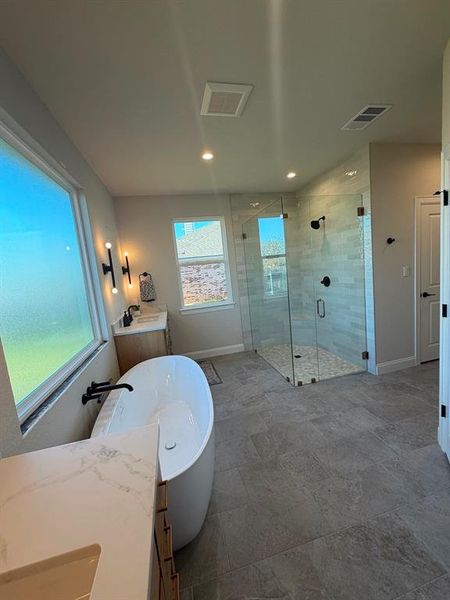 Bathroom featuring vanity, a shower stall, a freestanding bath, and recessed lighting