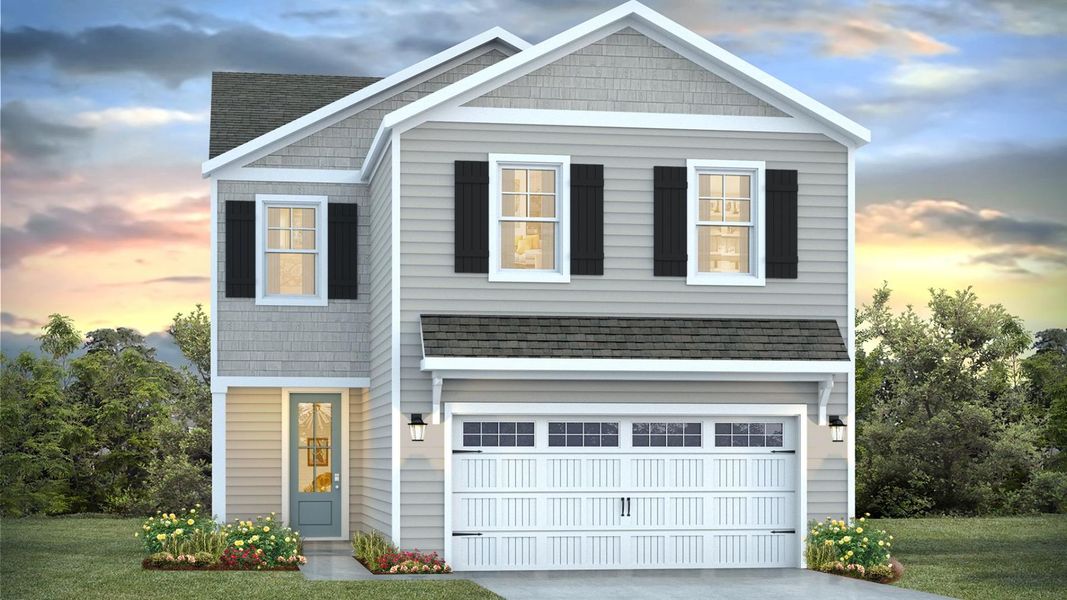 Front exterior of a new home in Indigo Preserve, Leland, NC, highlighting curb appeal (Image 1).
