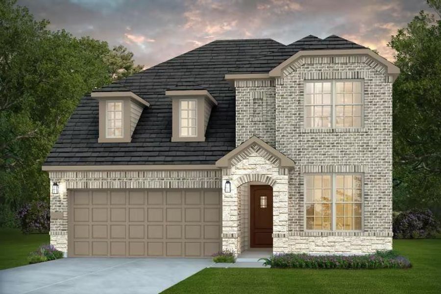 Front exterior of a new home in Mavera, Conroe, TX, highlighting curb appeal (Image 1).