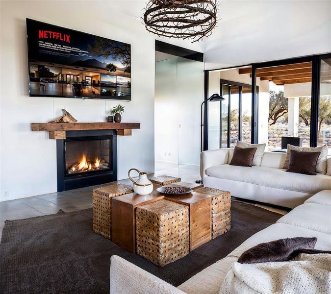 Living room featuring a glass covered fireplace