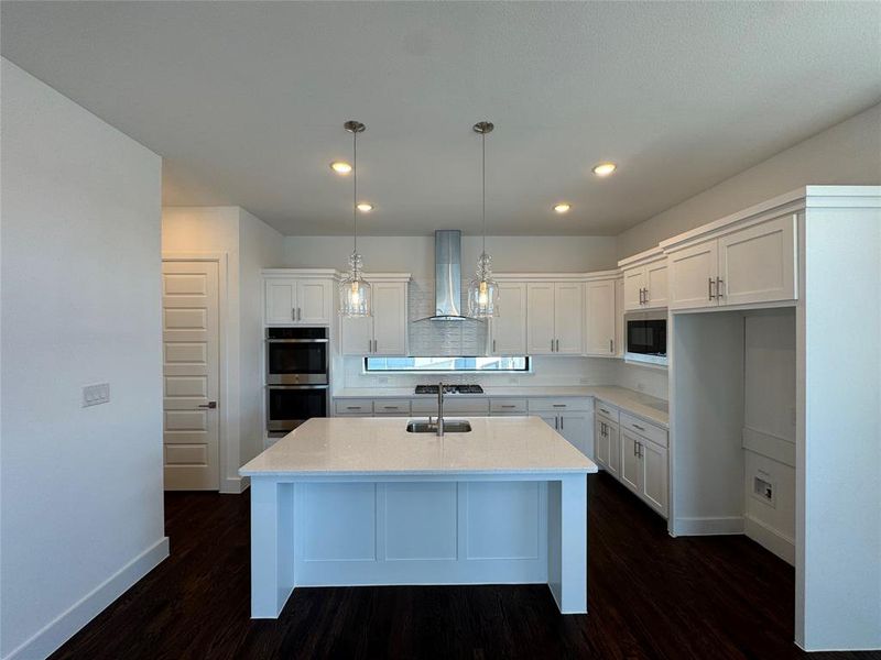 Kitchen featuring white cabinets, wall chimney exhaust hood, stainless steel appliances, and dark wood-type flooring