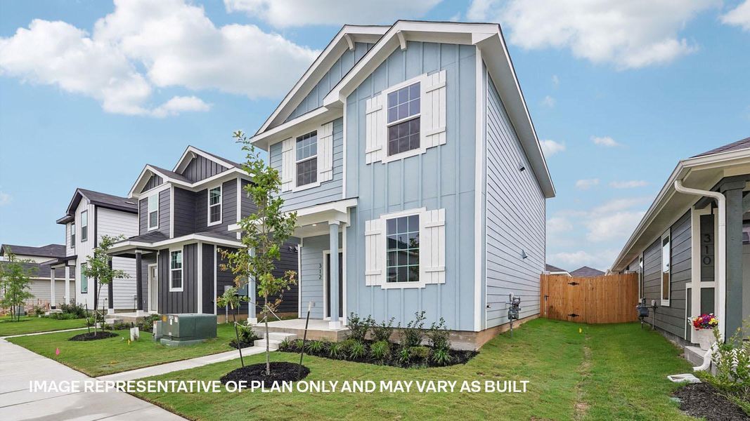 Front exterior of a new home in Valverde, Bastrop, TX, highlighting curb appeal (Image 18). Front exterior of a new home in Valverde, Bastrop, TX, highlighting curb appeal (Image 18).