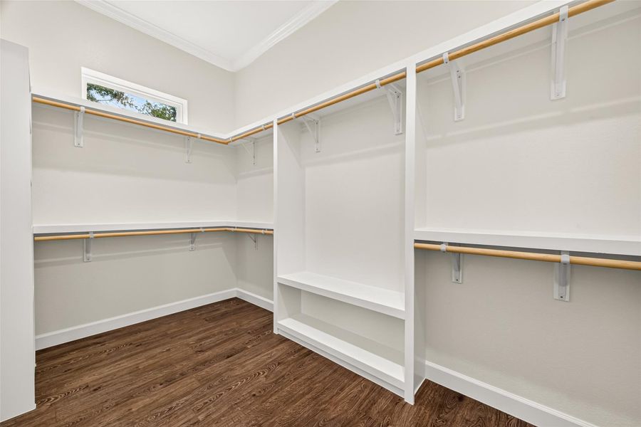 Oversized walk-in closet offers plenty of room for storage and organization.