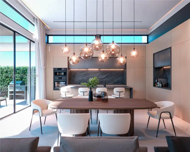Contemporary kitchen featuring flat-panel wood cabinetry, dark stone-surfaced backsplash, integrated wall oven, floor-to-ceiling glass wall, and a multi-pendant orb light fixture Contemporary kitchen featuring flat-panel wood cabinetry, dark stone-surfaced backsplash, integrated wall oven, floor-to-ceiling glass wall, and a multi-pendant orb light fixture