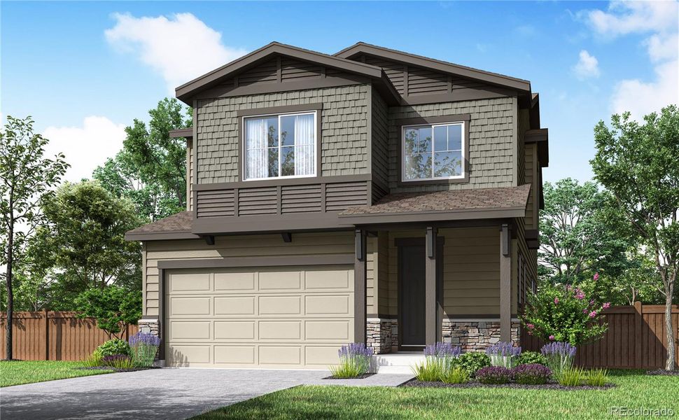Front exterior of a new home in Medley at Reunion Ridge, Commerce City, CO, highlighting curb appeal (Image 3).