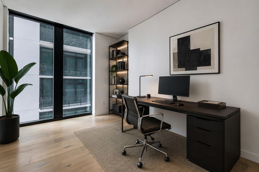 Images shown are virtually staged. A spacious home workspace is enhanced by soaring windows overlooking city views. Images shown are virtually staged. A spacious home workspace is enhanced by soaring windows overlooking city views.