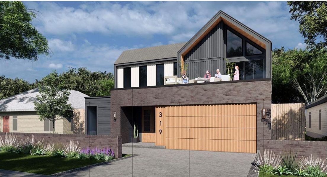 Contemporary house with brick siding, a garage, board and batten siding, and concrete driveway Contemporary house with brick siding, a garage, board and batten siding, and concrete driveway