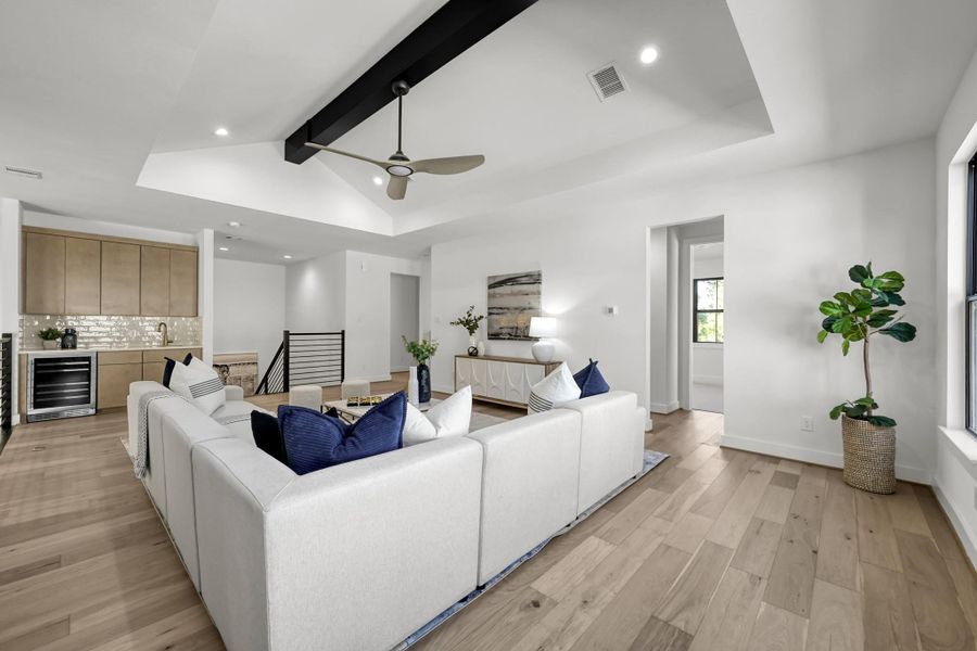 Spacious room with beam detailing and versatile layout. Spacious room with beam detailing and versatile layout.