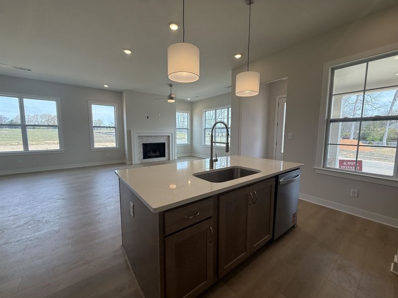Kitchen with a fireplace, decorative light fixtures, a kitchen island with sink, dark wood finish cabinetry, and open floor plan