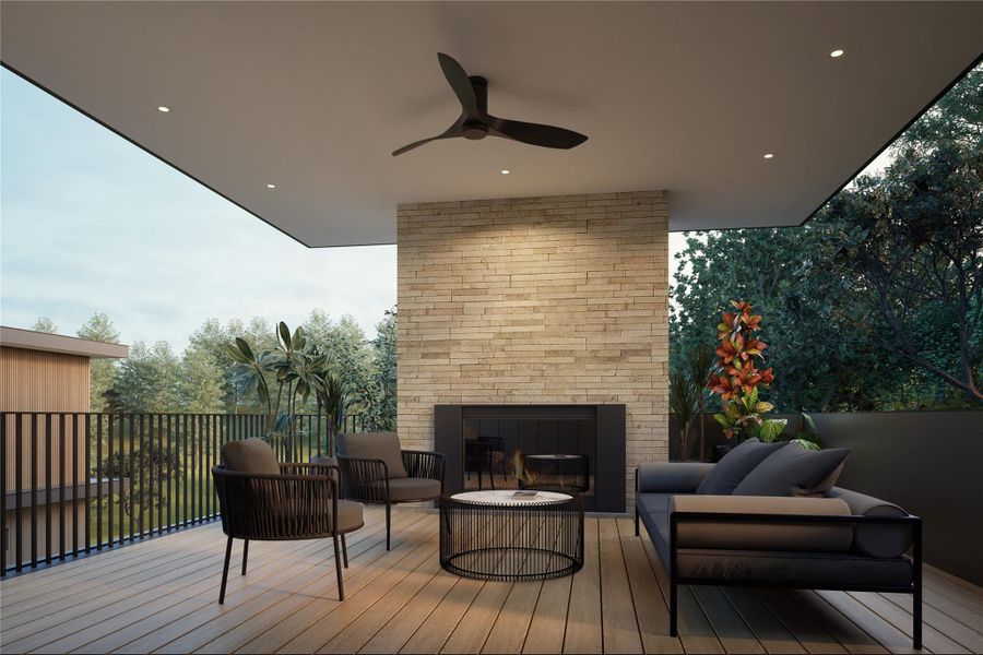 Wooden terrace featuring ceiling fan and an outdoor living space with a fireplace
