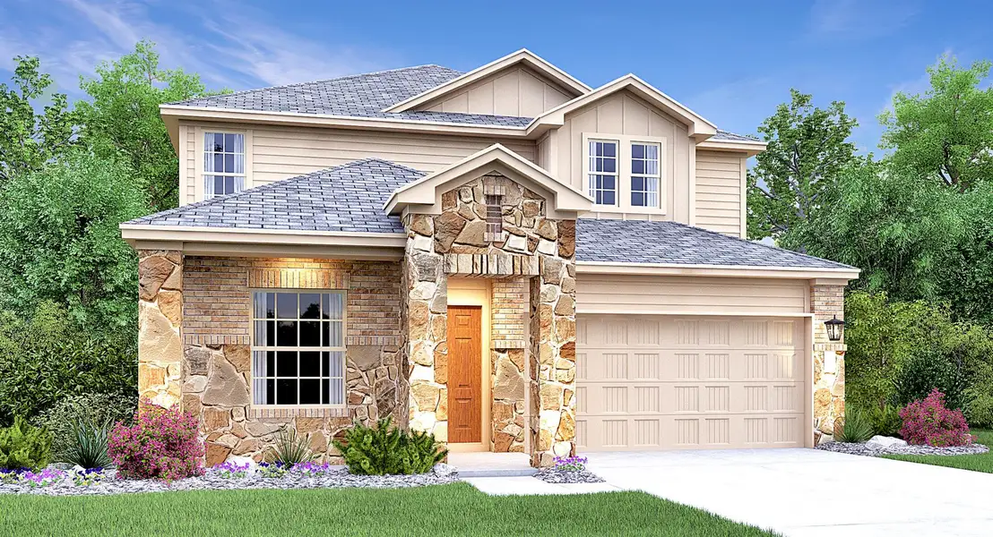Front exterior of a new home in Meadowlark Preserve: Claremont Collection, Pflugerville, TX, highlighting curb appeal (Image 16). Front exterior of a new home in Meadowlark Preserve: Claremont Collection, Pflugerville, TX, highlighting curb appeal (Image 16).