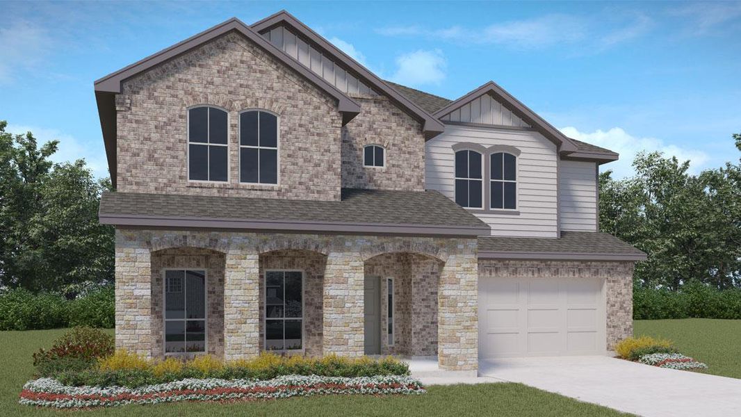 Front exterior of a new home in Rosenbusch Ranch, Leander, TX, highlighting curb appeal (Image 1).