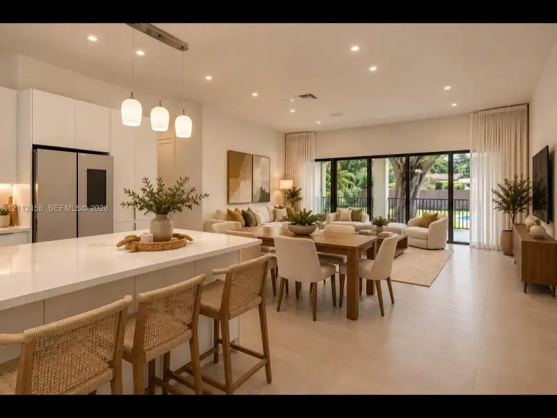 Light-filled open floor plan with quartz countertops, statement triple-pendant lighting, and sliding glass doors