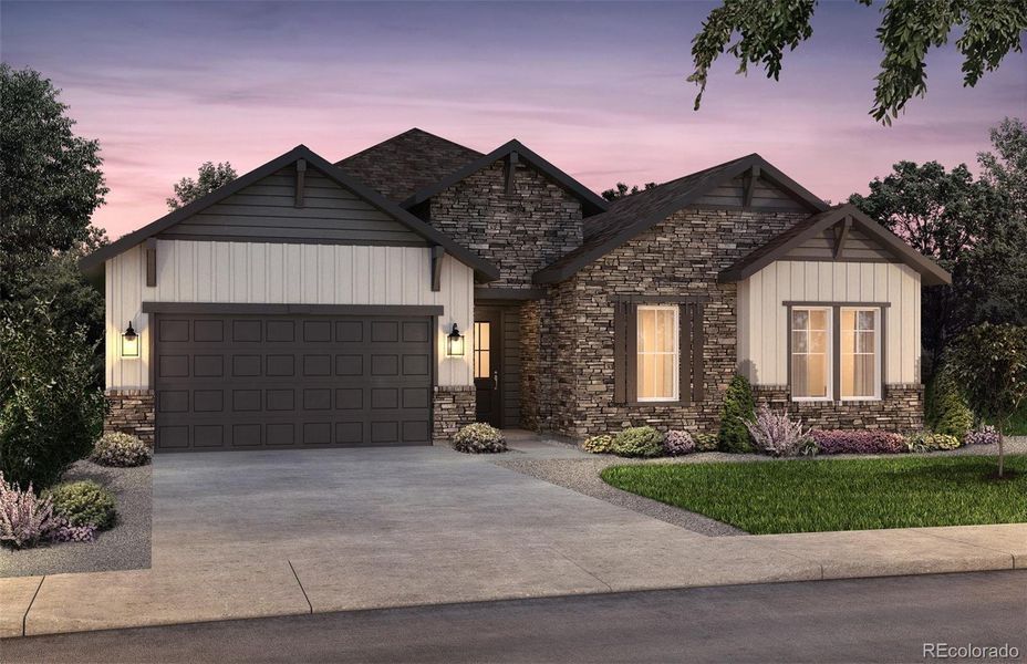 Front exterior of a new home in Hilltop at Inspiration, Aurora, CO, highlighting curb appeal (Image 1).