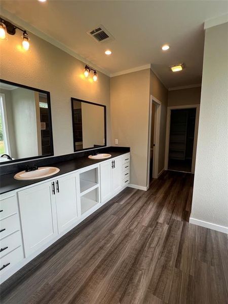 Full bath with double vanity, ornamental molding, dark wood-style flooring, recessed lighting, and a textured wall