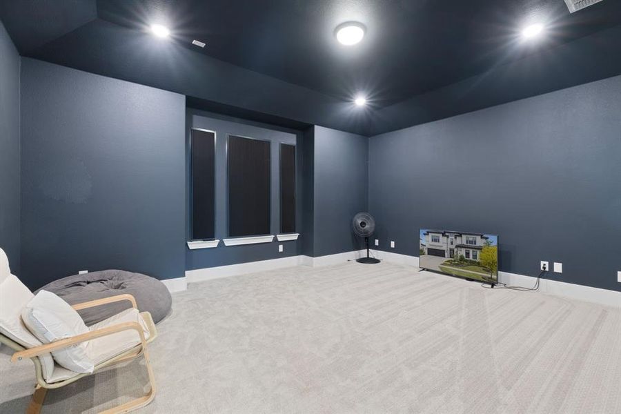 Carpeted cinema room with baseboards