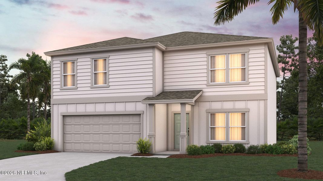 Front exterior of a new home in The Arbors, Jacksonville, FL, highlighting curb appeal (Image 1). Front exterior of a new home in The Arbors, Jacksonville, FL, highlighting curb appeal (Image 1).