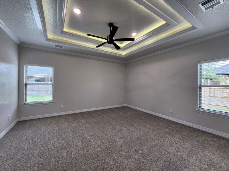 A well-lit bedroom features plush carpeting and a striking tray ceiling with recessed and accent lighting. A well-lit bedroom features plush carpeting and a striking tray ceiling with recessed and accent lighting.