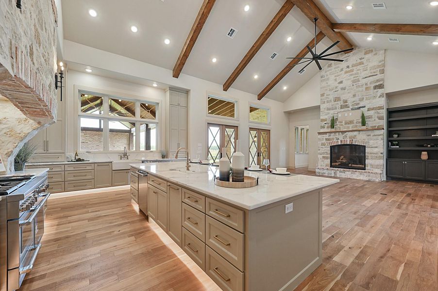 Kitchen open to living room with Cathedral ceiling