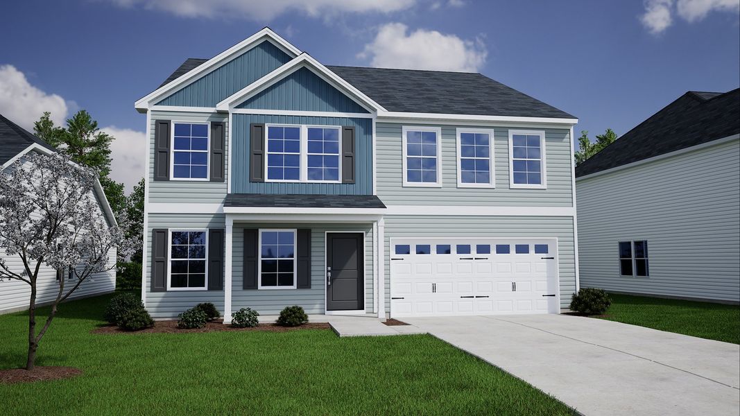 Representative exterior photo of a completed home built from the Warren - Genesis Value Collection by Mungo Homes in Meadows at Lilah Grove, Summerfield, NC (Image 7).