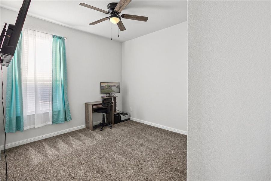 Misc room featuring a wealth of natural light, carpet, and ceiling fan Misc room featuring a wealth of natural light, carpet, and ceiling fan