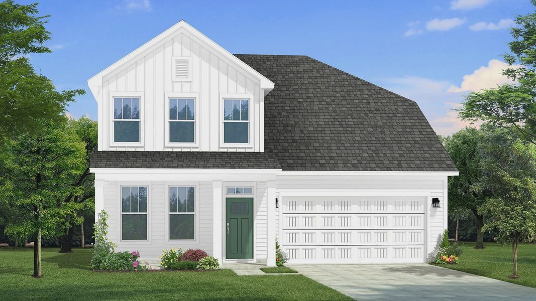 Two-story single family home with white siding, a covered front porch and 2 car garage. Two-story single family home with white siding, a covered front porch and 2 car garage.