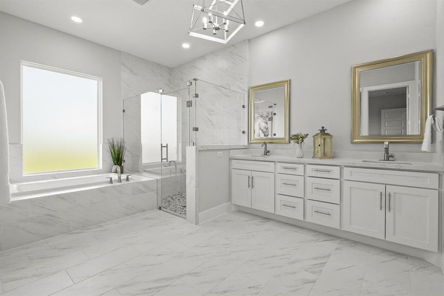 Unwind at the end of a long day in the comfort of this luxurious Primary Spa. The translucent picture window bathes the room in natural light, without compromising on privacy. The marble-inspired tile flooring is timeless.