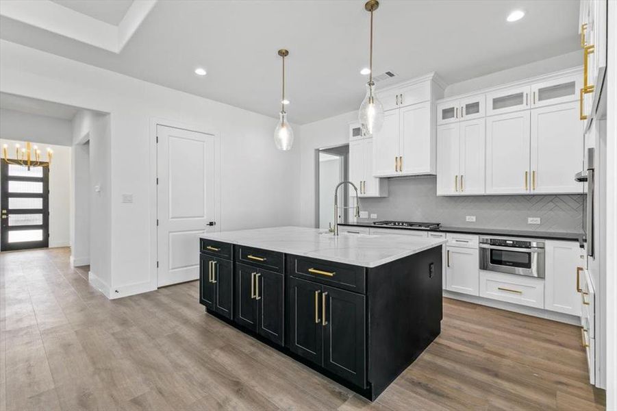 View of kitchen showing drawer microwave for safer food removal