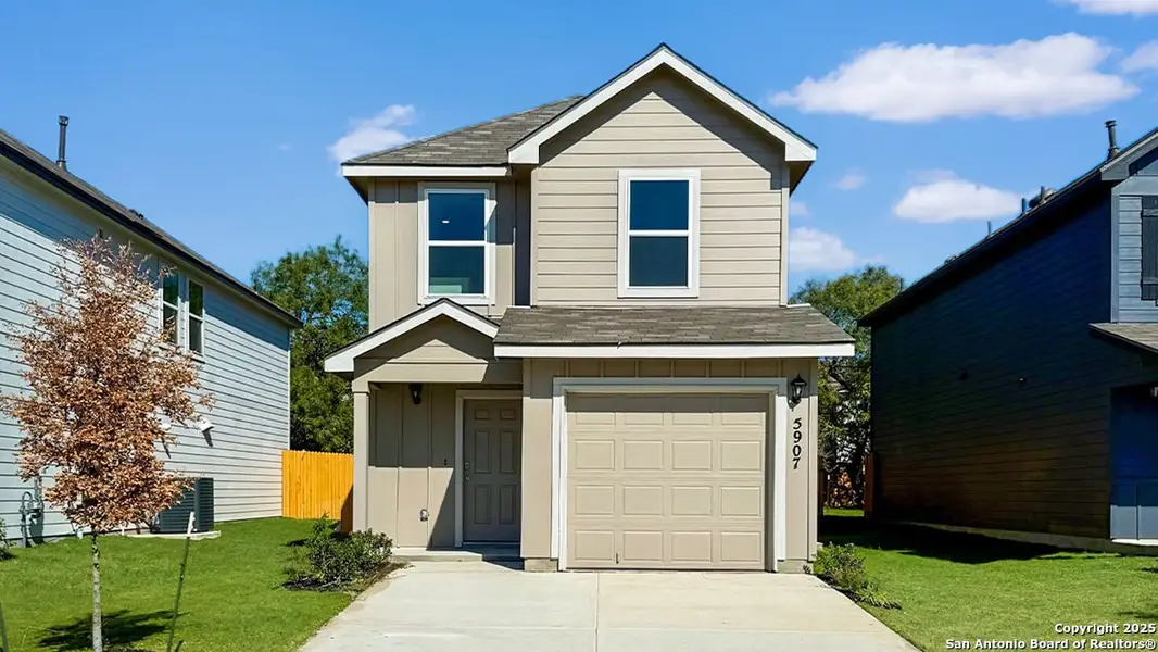 Front exterior of a new home in Blue Ridge Ranch, San Antonio, TX, highlighting curb appeal (Image 1).