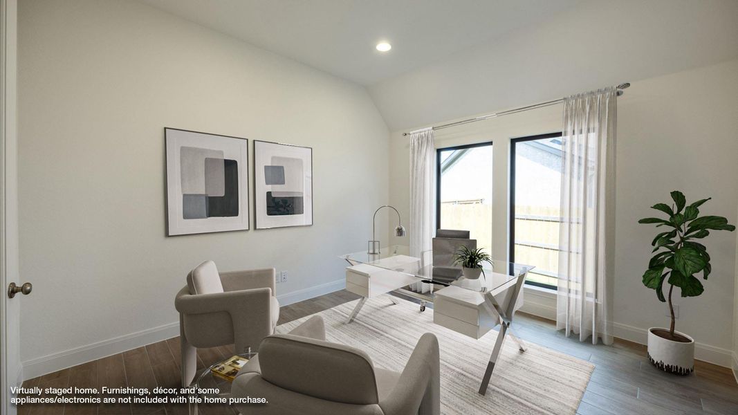 Office with recessed lighting, vaulted ceiling, and wood finished floors Office with recessed lighting, vaulted ceiling, and wood finished floors