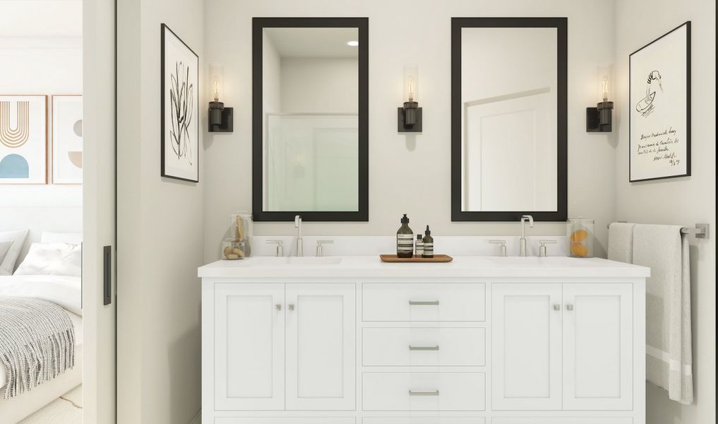Primary bath with black-framed mirrors and dual sinks Primary bath with black-framed mirrors and dual sinks
