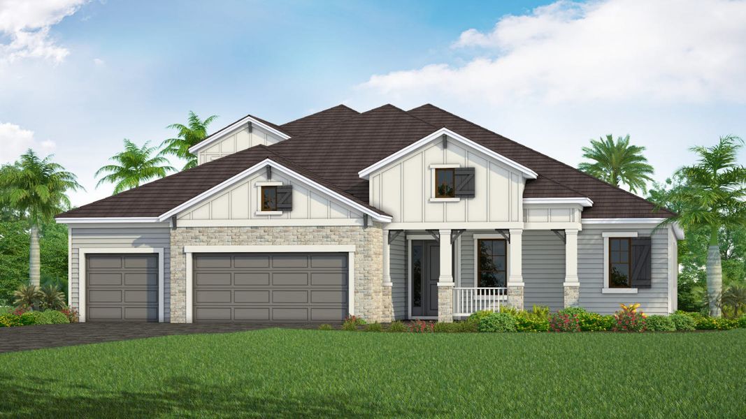 Front exterior of a new home in Windward Real Estate and Homes for Sale in Sarasota, FL - Neal Communities, Sarasota, FL, highlighting curb appeal (Image 3). Front exterior of a new home in Windward Real Estate and Homes for Sale in Sarasota, FL - Neal Communities, Sarasota, FL, highlighting curb appeal (Image 3).