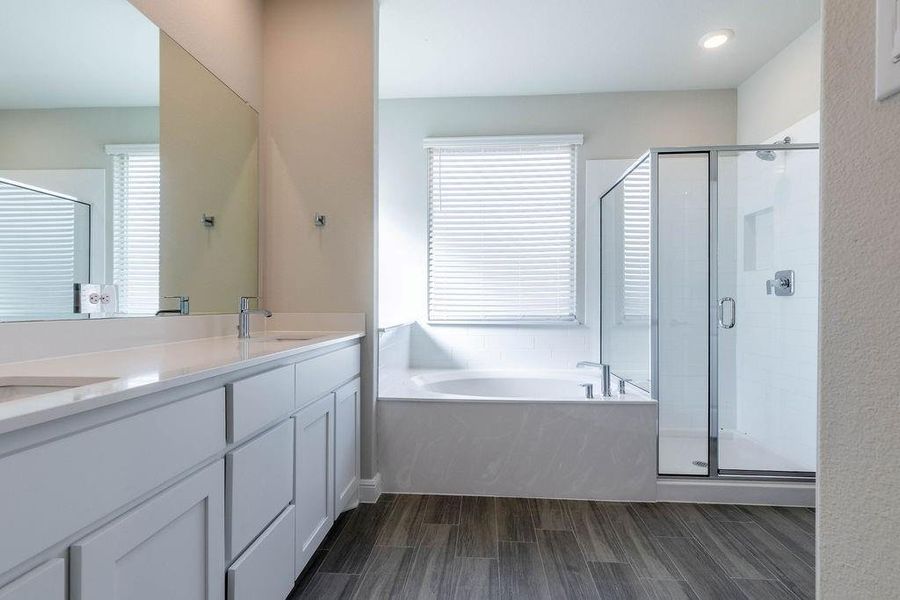 Bathroom with a stall shower, a bath, wood finish floors, and double vanity Bathroom with a stall shower, a bath, wood finish floors, and double vanity