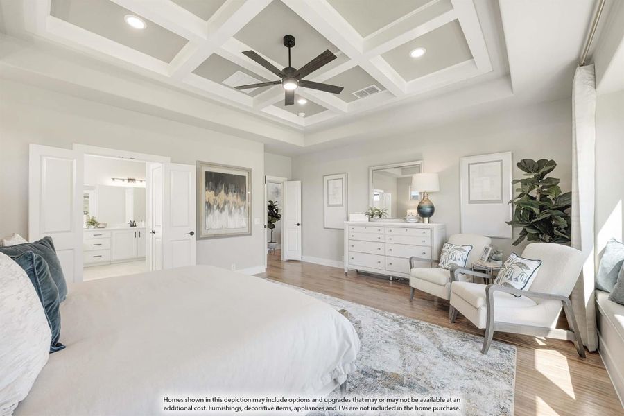 Master bedroom with coffered ceiling, ceiling fan, hardwood floors, and ensuite bathroom access
