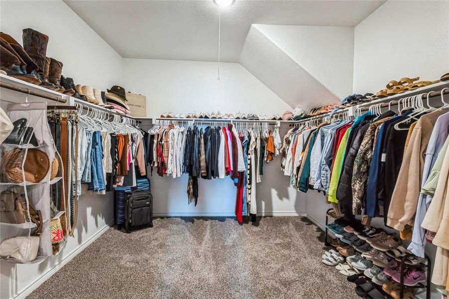 Spacious closet featuring vaulted ceiling and carpet floors