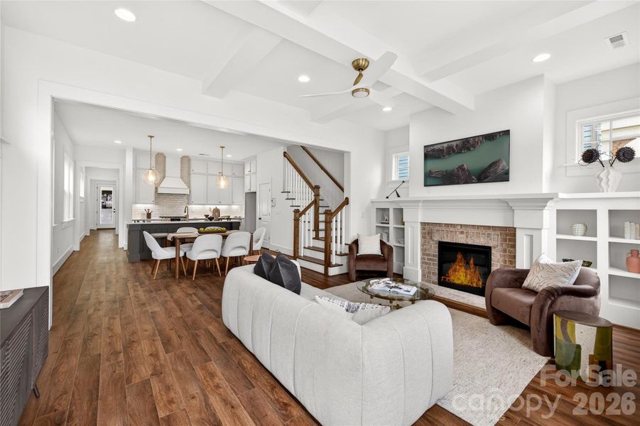 Family Room transitions into the dining and kitchen space.