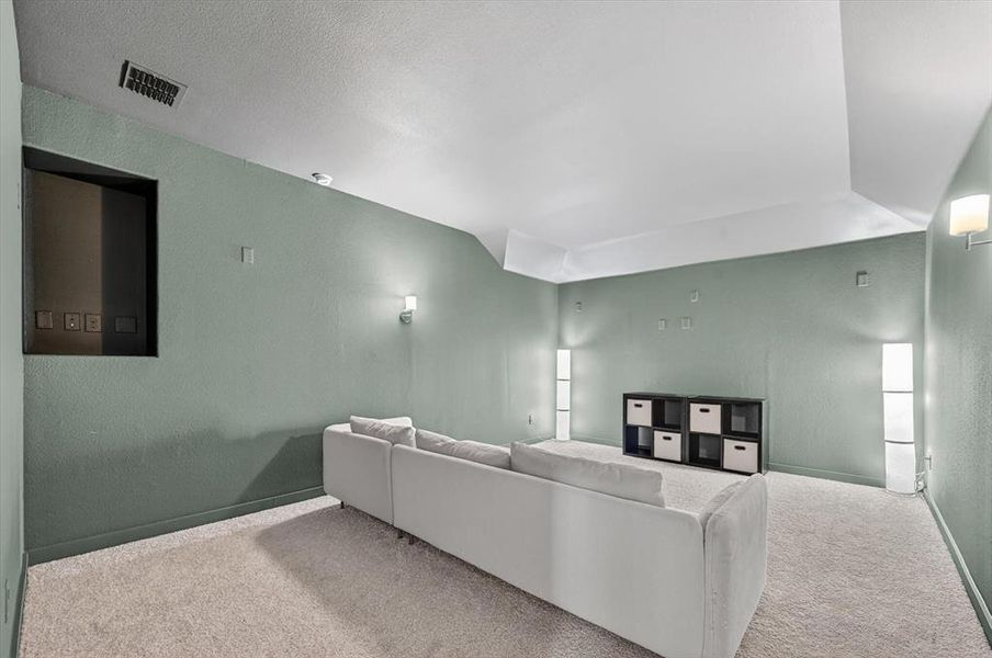 Spacious room featuring textured walls, recessed tray ceiling, and neutral carpet flooring