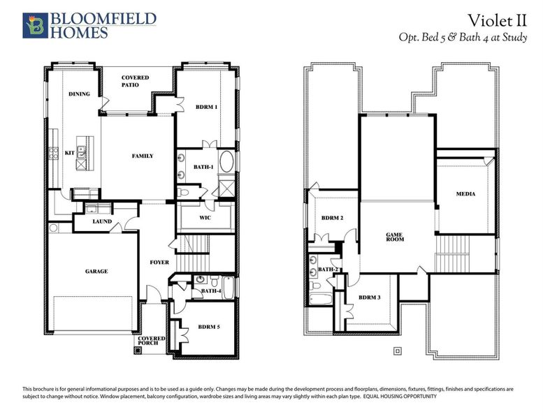 Bloomfield Homes Violet II two-story floor plan with 5 bedrooms, 4 bathrooms, game room, and media room. Bloomfield Homes Violet II two-story floor plan with 5 bedrooms, 4 bathrooms, game room, and media room.