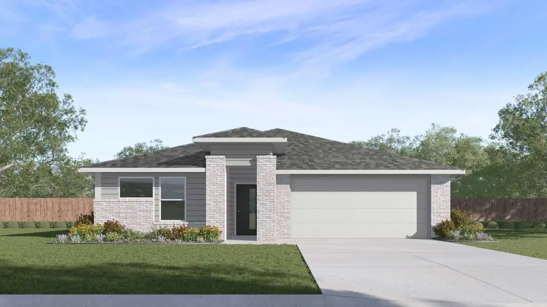 Front exterior of a new home in Southgrove, Kyle, TX, highlighting curb appeal (Image 1). Front exterior of a new home in Southgrove, Kyle, TX, highlighting curb appeal (Image 1).