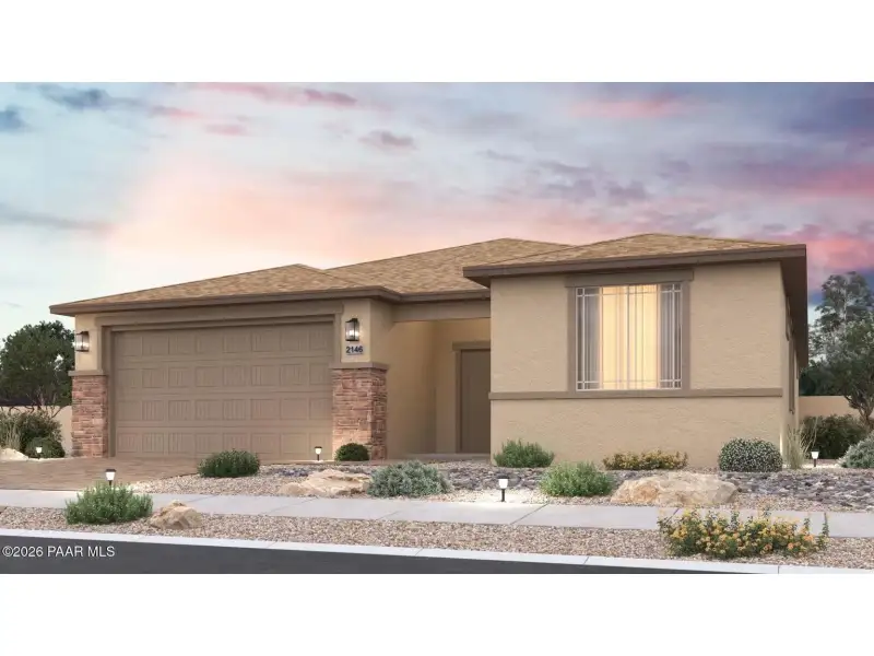 Front exterior of a new home in North Ridge at Pronghorn Ranch, Prescott Valley, AZ, highlighting curb appeal (Image 1). Front exterior of a new home in North Ridge at Pronghorn Ranch, Prescott Valley, AZ, highlighting curb appeal (Image 1).