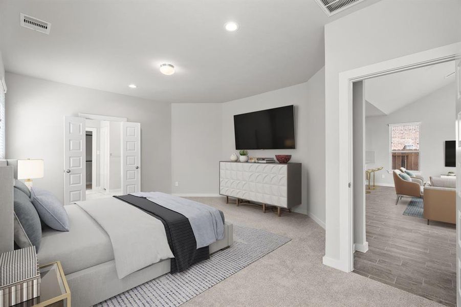 Come decompress in the stunning primary suite after a lengthy day! Experience the luxury of plush carpeting, warm paint hues, high ceilings, and large windows.  Sample photo of completed home with similar floor plan. As-built interior colors and selections may vary.