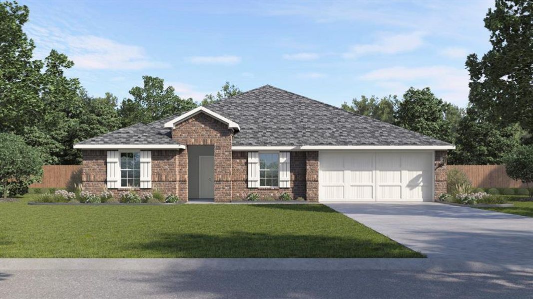 Brick facade residence featuring a covered entry, white window shutters, a two-car garage, and a concrete driveway Brick facade residence featuring a covered entry, white window shutters, a two-car garage, and a concrete driveway