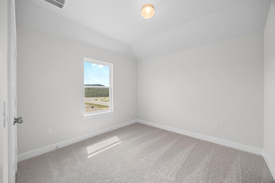 Empty room featuring carpet floors and lofted ceiling