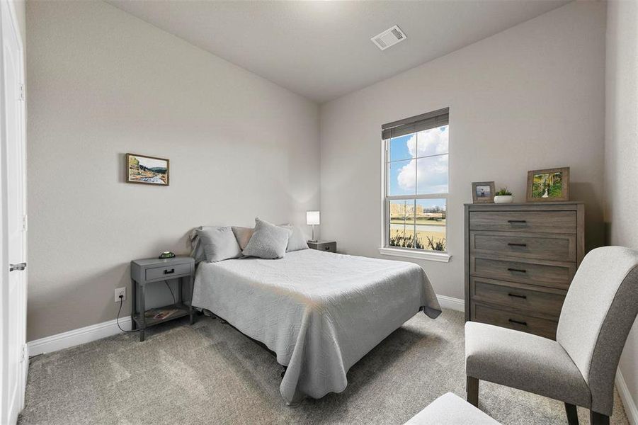 Carpeted bedroom with lofted ceiling