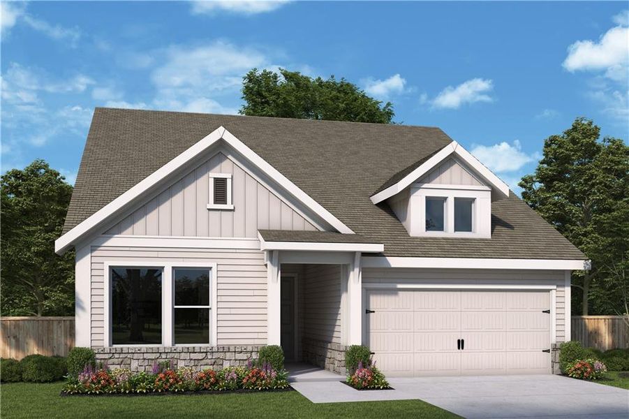 Front exterior of a new home in Crescent Pointe at Great Sky, Canton, GA, highlighting curb appeal (Image 1).