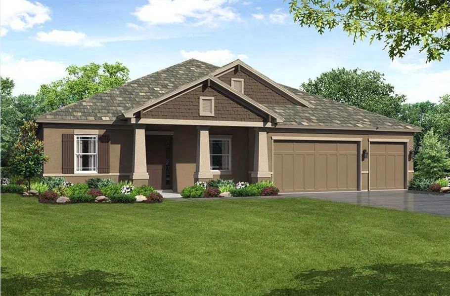 Front exterior of a new home in Pinecone Reserve, Brooksville, FL, highlighting curb appeal (Image 1). Front exterior of a new home in Pinecone Reserve, Brooksville, FL, highlighting curb appeal (Image 1).