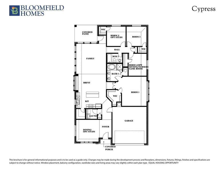 Bloomfield Homes Cypress floor plan with four bedrooms, two bathrooms, family room, kitchen, and two-car garage. Bloomfield Homes Cypress floor plan with four bedrooms, two bathrooms, family room, kitchen, and two-car garage.