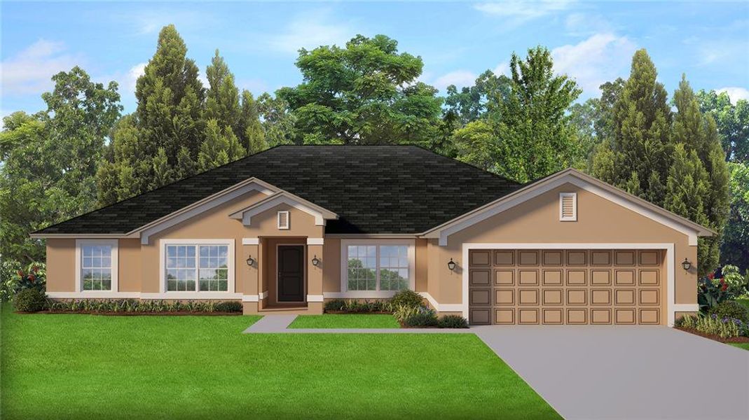 Front exterior of a new home in Royal Highlands, Weeki Wachee, FL, highlighting curb appeal (Image 1). Front exterior of a new home in Royal Highlands, Weeki Wachee, FL, highlighting curb appeal (Image 1).