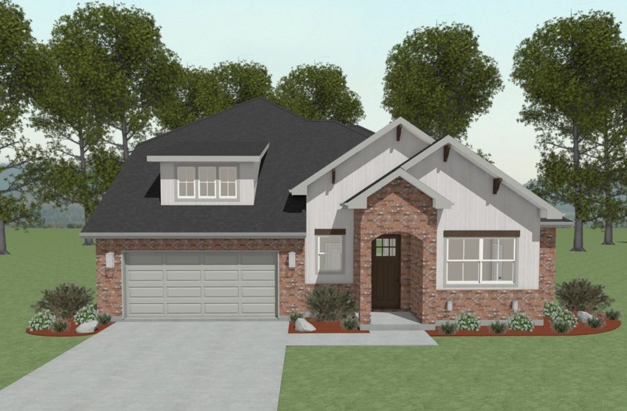 Front exterior of a new home in Oakmont, Bryan, TX, highlighting curb appeal (Image 1).